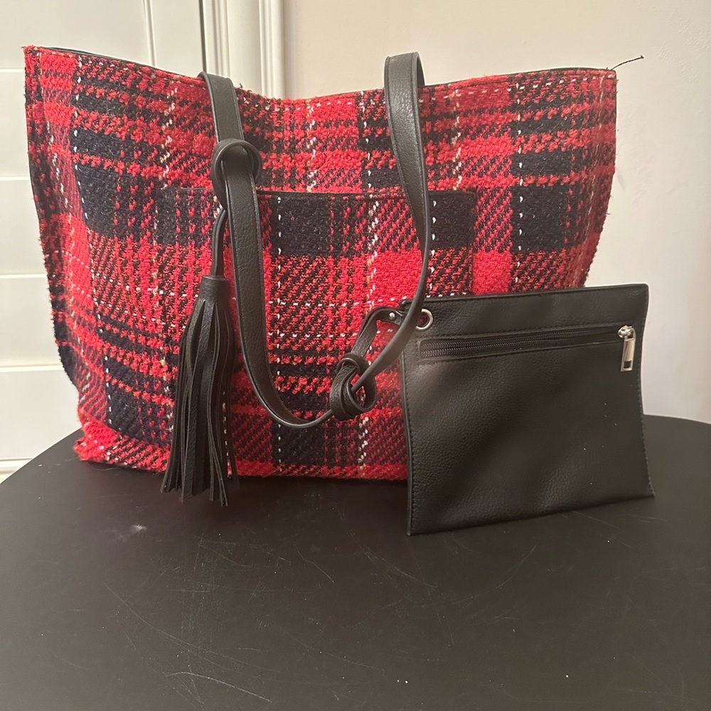 Red/Black plaid tote bag with zippered pouch.